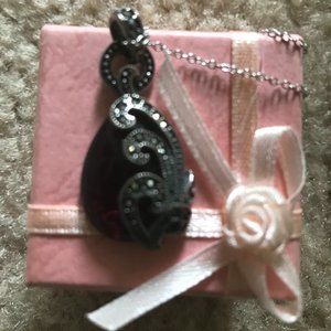 NWOT Sterling Silver Genuine Marcasite Red Glass Pendant